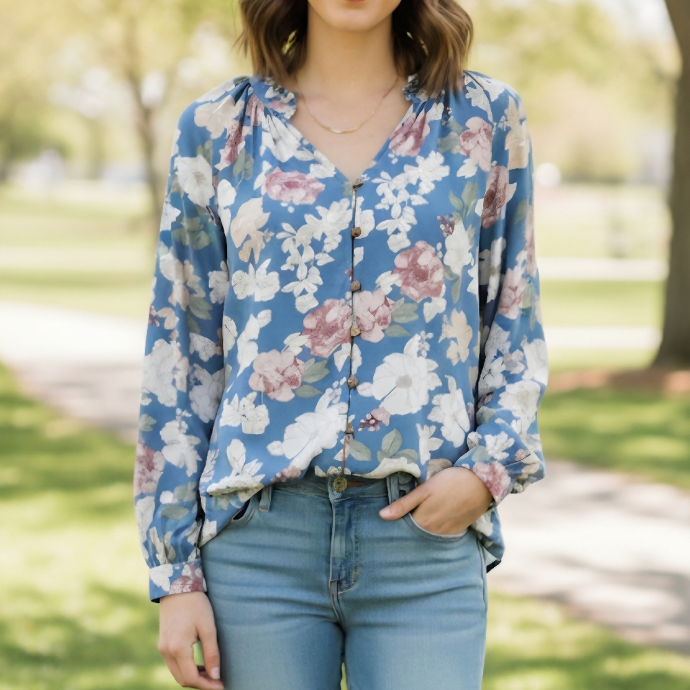 Alex & Jordan Blouse Womens Small Floral Blue Ruffle V Neck